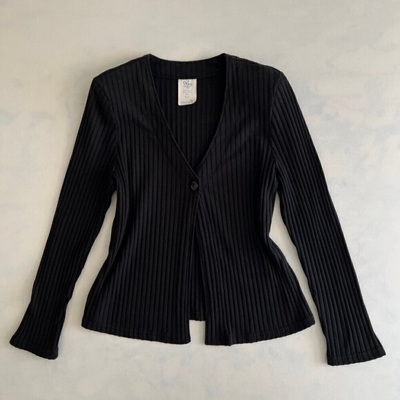 Weekenders Tops - Weekenders Black Ribbed V-Neck Single Button Long Sleeve Shirt